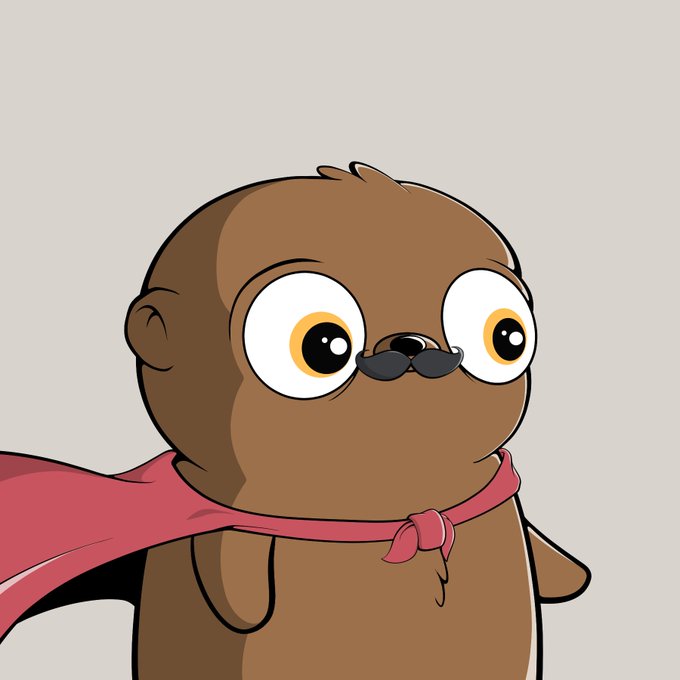 A cartoon illustration depicts a brown baby otter wearing a red cape and a small mustache, looking up with large eyes.