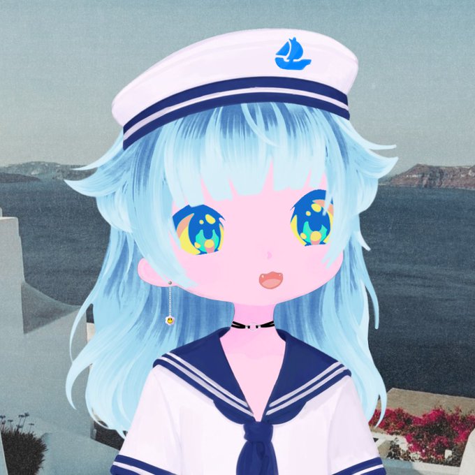 An anime-style illustration of a pale girl with light blue hair and large blue-yellow eyes wearing a white and navy blue sailor uniform and matching hat.