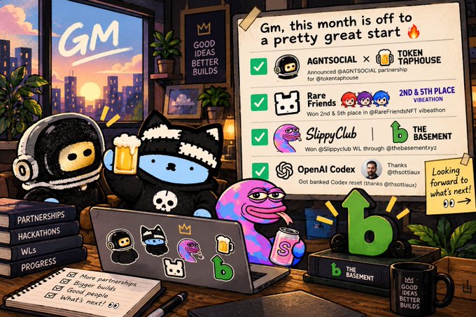 A cartoon-style illustration shows plush characters around a laptop, with a message board reading 'Gm, this month is off to a pretty great start 🔥' announcing partnerships with AGNTSOCIAL x TOKEN TAPHOUSE, Rare Friends, SlippyClub, THE BASEMENT, and OpenAI Codex.