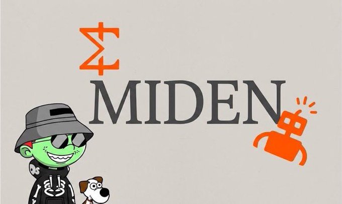A graphic with the word 'MIDEN' in dark letters, an orange symbol above it, and cartoon illustrations of a green character wearing sunglasses and a hat alongside a dog and an orange robot.