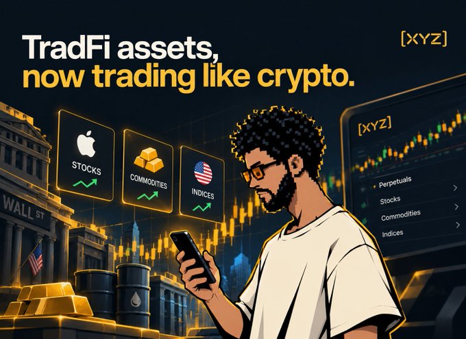 A promotional image with text 'TradFi assets, now trading like crypto' featuring illustrated icons for Stocks, Commodities, and Indices with a man looking at his phone.