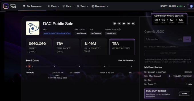 A "DAC Public Sale" page on a platform called Pad, showing details like a $600,000 target, $140M FDV, upcoming status, and a USDC contribution input box.