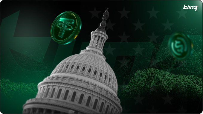 Graphic of the US Capitol dome in grayscale, overlaid with a green-tinted American flag and two green Tether (USDT) cryptocurrency coins, with a 'BingX' logo in the corner.