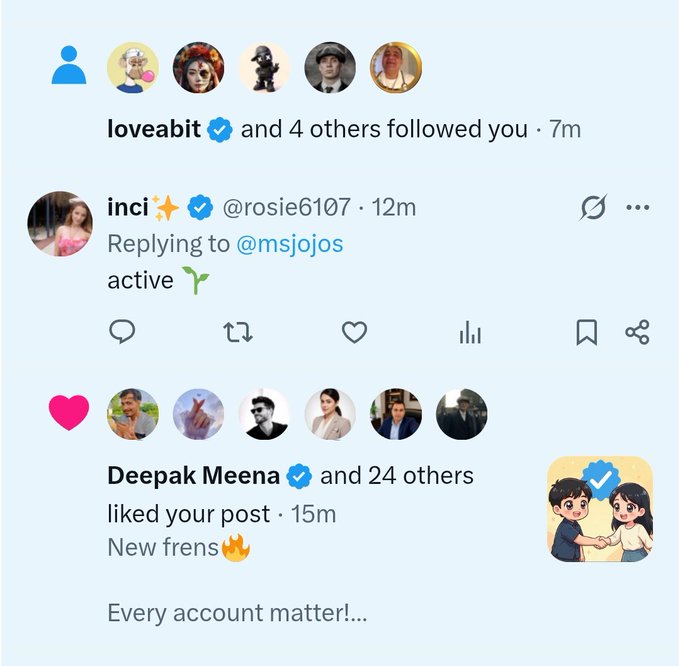 A screenshot of social media notifications showing that 'loveabit and 4 others followed you' and 'Deepak Meena and 24 others liked your post', along with a reply from 'inci' (@rosie6107) reading 'active' to @msjojos.