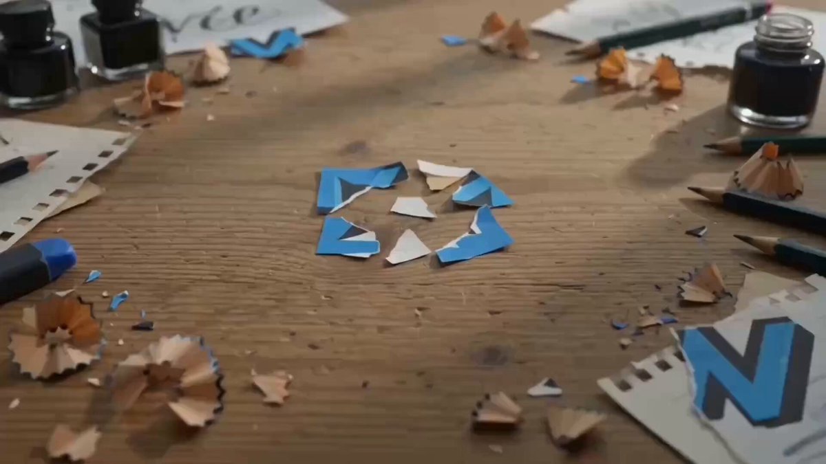 The image features a wooden table with various art supplies, including pencils, pens, and ink bottles. There are also pieces of paper scattered around the table, some of which have been cut into different shapes using sharp tools like scissors or knives. The scene suggests that someone has been working on an art project involving cutting and shaping paper, possibly creating a collage or a mixed media piece.