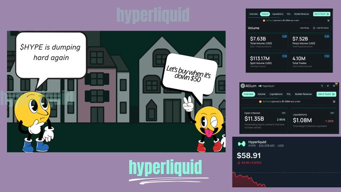 A meme graphic for 'hyperliquid' featuring cartoon emoji-style characters with speech bubbles saying '$HYPE is dumping hard again' and 'Let's buy when it's down $50!', alongside trading stats showing HYPE at $58.91.