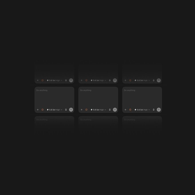 The image displays a grid of dark, minimalist UI input boxes labeled "Do anything" with model selectors showing "5.6 Soi High" and "5.6 Sol High," set against a black background. The repetitive, empty prompt interfaces visually evoke the concept of "tokenomics," suggesting a stark, transactional interaction with AI models where each query represents a token-based exchange.