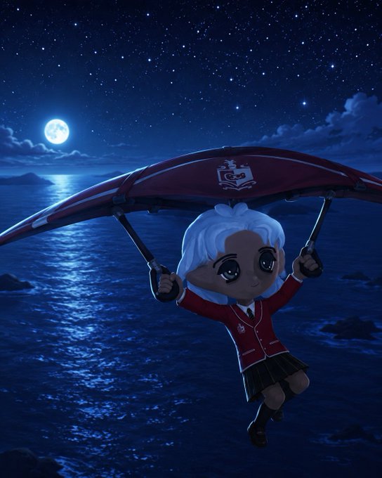 A 3D rendering of a chibi-style character with white hair in a red school uniform paragliding over a moonlit ocean at night.