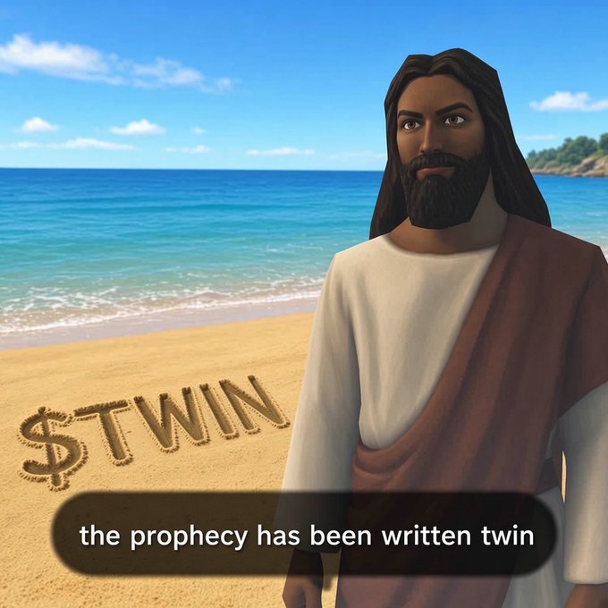 A 3D-rendered figure of Jesus on a beach with the text '$TWIN' written in the sand and a caption reading 'the prophecy has been written twin'.