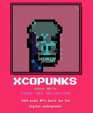 The image showcases "XCOPUNKS 6000 NFTS" pixel art collection, featuring a stylized cyan pixel character with glowing glasses against a vibrant pink background, promoting a giveaway of 10 whitelist spots for the free mint of 6,000 NFTs on Robinhood Chain.