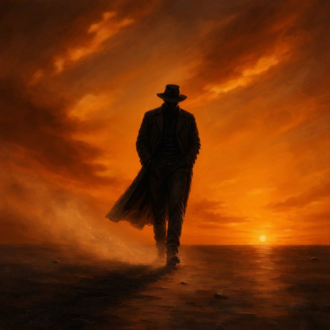 A dramatic digital painting of a silhouetted man in a trench coat and fedora walking across a dusty desert plain under an intense orange sunset.
