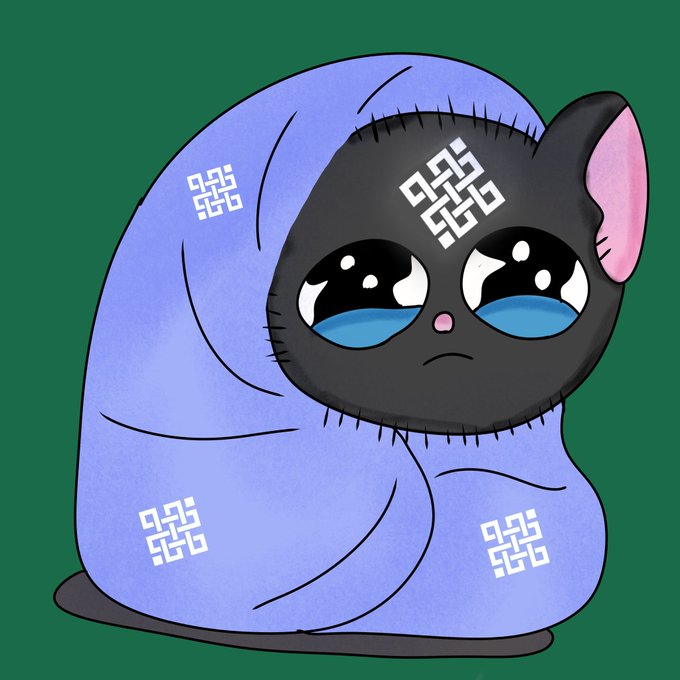 A cute cartoon cat with large teary eyes wrapped in a purple blanket decorated with white geometric symbols on a green background.