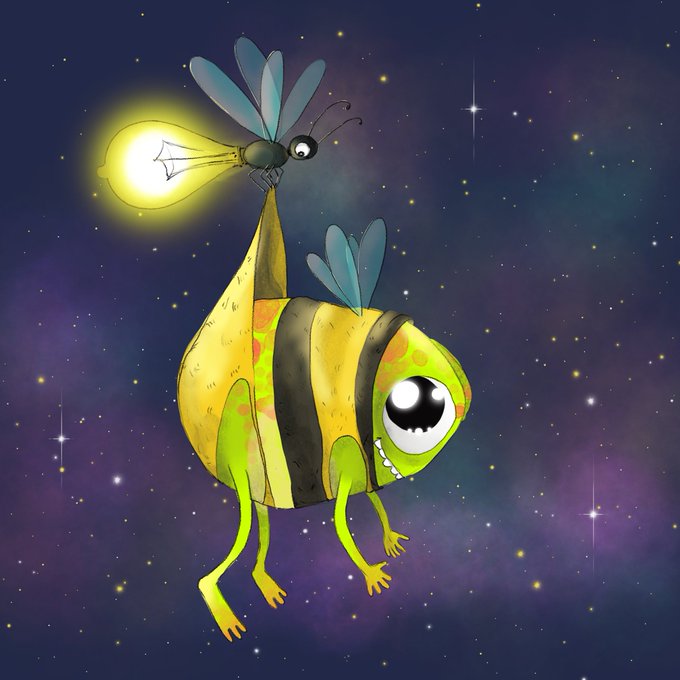 A whimsical illustration of a green and yellow striped bee-like creature with a glowing light bulb for a stinger, floating against a starry space background.