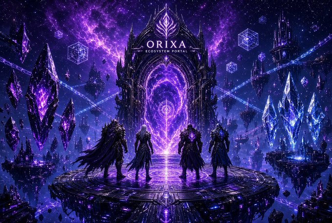 A fantasy artwork titled 'ORIXA ECOSYSTEM PORTAL' depicting four armored figures standing before a glowing purple cosmic portal with floating crystals and futuristic architecture.