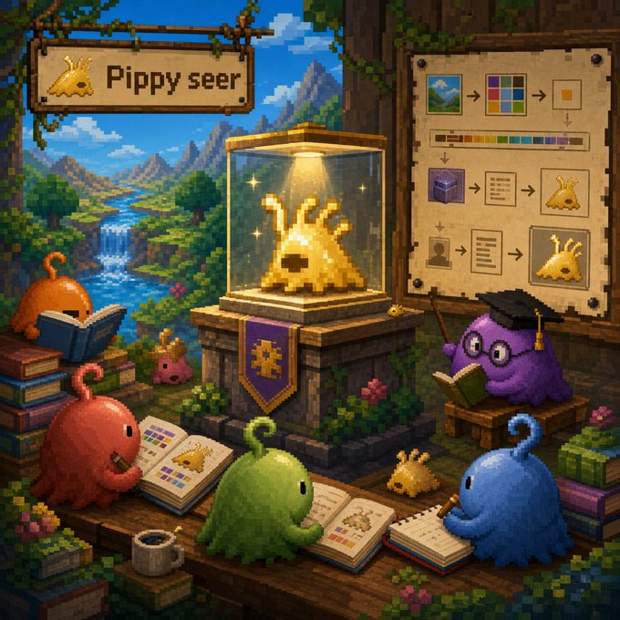 A pixel art scene shows colorful slime creatures reading books in a study, with a golden slime displayed in a glass case under a sign reading 'Pippy seer'.