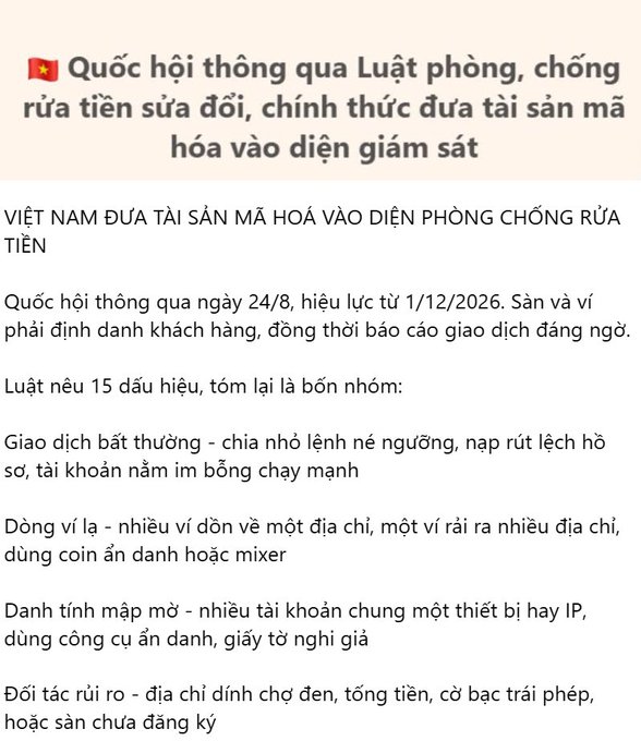 The image displays a Vietnamese-language infographic titled "Quốc hội thông qua Luật phòng, chống rửa tiền sửa đổi, chính thức đưa tài sản mã hóa vào diện giám sát" (National Assembly passes amended Anti-Money Laundering Law, officially bringing crypto assets under supervision), effective 12/1/2026, listing 15 signs of suspicious transactions grouped into four categories: abnormal transactions, shell entities, masked identities, and shady partners. The post connects these official money-laundering red flags—including funneling multiple wallets to one address, shared device/IP usage, and order-splitting to evade detection—directly to common airdrop farming tactics, suggesting that everyday crypto strategies could now fall under government scrutiny.