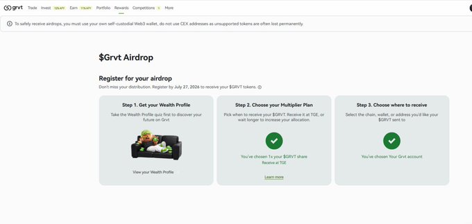A screenshot of a webpage for a '$Grvt Airdrop' showing a 3-step registration process, indicating the user has chosen to receive at TGE and on their Grvt account.