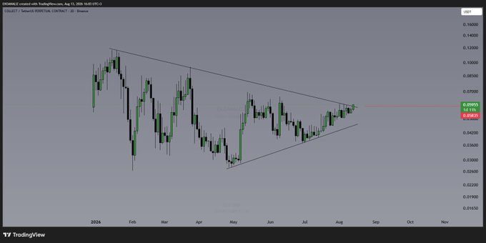 A daily candlestick chart of $COLLECT/USDT on TradingView shows the token testing the upper trendline resistance of a descending wedge pattern, currently priced at 0.0590 with intraday high/low markings of 0.06120 and 0.05878.
