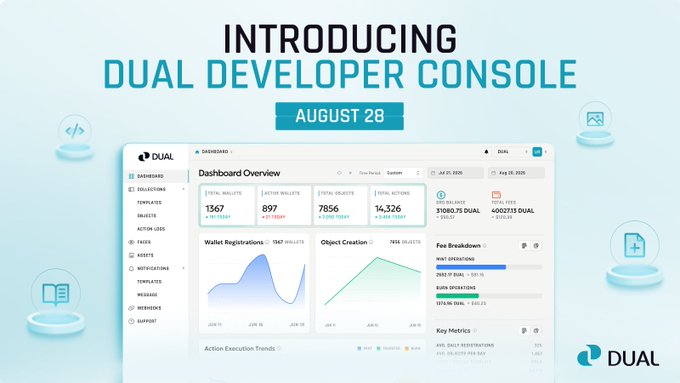 Promotional graphic titled 'INTRODUCING DUAL DEVELOPER CONSOLE' with an 'AUGUST 28' release date, showcasing a dashboard interface with metrics like wallet registrations and action executions.