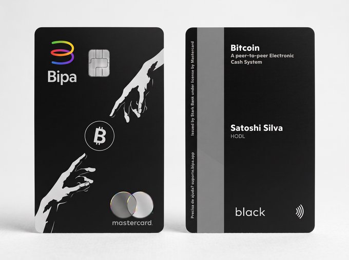 A promotional image showing both the front and back of a black 'Bipa' Mastercard credit card, with a graphic of two hands reaching toward each other, and text including 'Bitcoin', 'A peer-to-peer Electronic Cash System', 'Satoshi Silva', 'HODL', and 'black'.