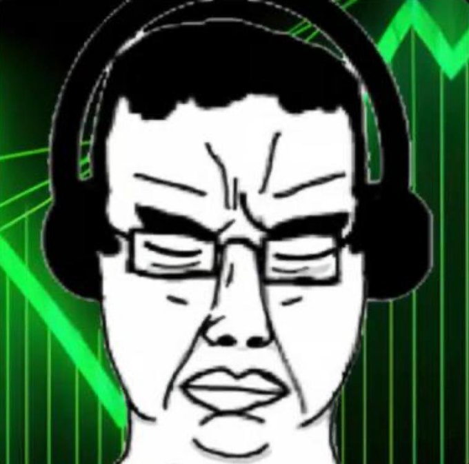 A cartoon man wearing headphones and glasses with a disdainful expression stares forward, set against a green stock chart showing a sharp decline—visually mirroring the post's cynical take on "trenches" crypto trading, where pump.fun's peak of 18 now echoes the grim "mud" of the metaphor rather than any heroism.