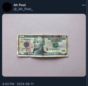 A $10 US bill featuring Alexander Hamilton is displayed, visually reinforcing the post's "TWO DIGITS IN SIGHT $XRP" message by suggesting XRP's price could reach $10.