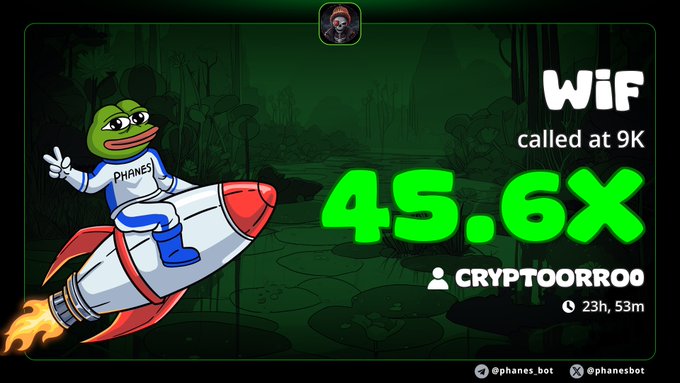A digital graphic featuring a Pepe the Frog character riding a rocket, advertising a crypto token called WIF that was called at 9K and has reached 45.6X, with branding for CRYPTOORROO and phanes.bot.