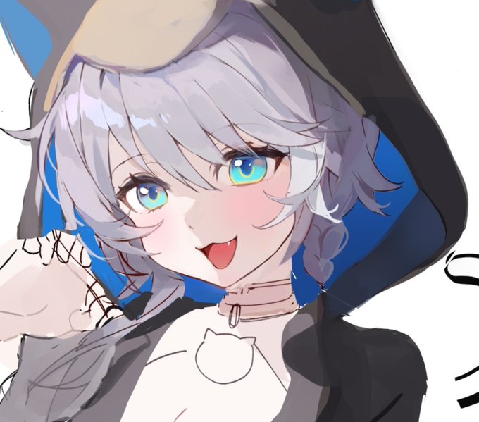 An anime-style illustration of a character with silver hair, bright blue-green eyes, wearing a blue and black hooded outfit with a small cat face design on the chest.