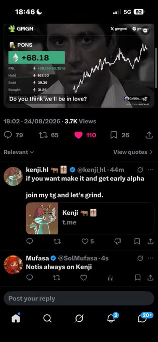 A screenshot of an X post from @gmgnai showing a $PONS token chart up +68.18%, with comments from @kenji.hl promoting a Telegram link and @SolMufasa replying.