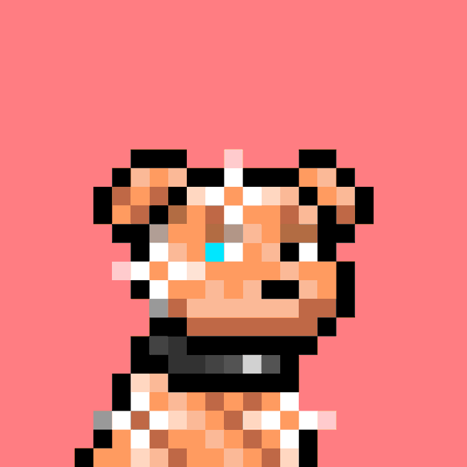 A pixel art image of a cartoon character on a pink background.