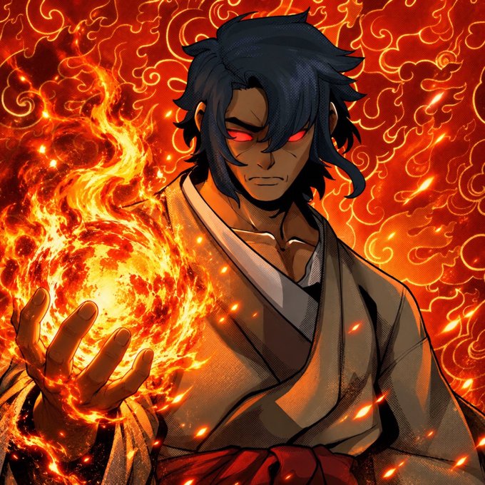 Anime-style illustration of a dark-haired warrior with glowing red eyes wielding a swirling sphere of fire, set against a vibrant red background filled with flame patterns and Japanese-style cloud motifs.