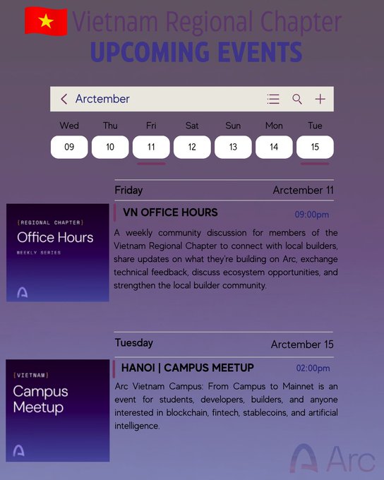An events calendar for the Vietnam Regional Chapter featuring upcoming events including VN Office Hours on Friday Arctember 11 and a Hanoi Campus Meetup on Tuesday Arctember 15.
