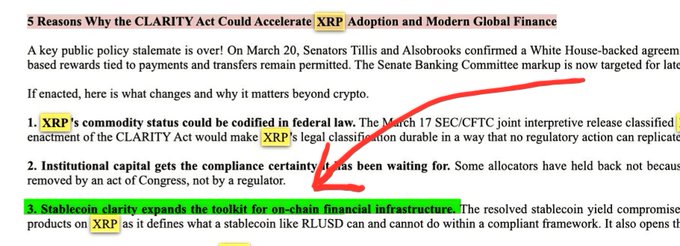The image shows a screenshot of an article titled "5 Reasons Why the CLARITY Act Could Accelerate XRP Adoption and Modern Global Finance," with a red hand-drawn arrow and green highlight emphasizing the third point about stablecoin clarity expanding the on-chain financial infrastructure toolkit for XRP, directly illustrating the post's discussion about how stablecoin regulations impact products built on $XRP and $RLUSD.