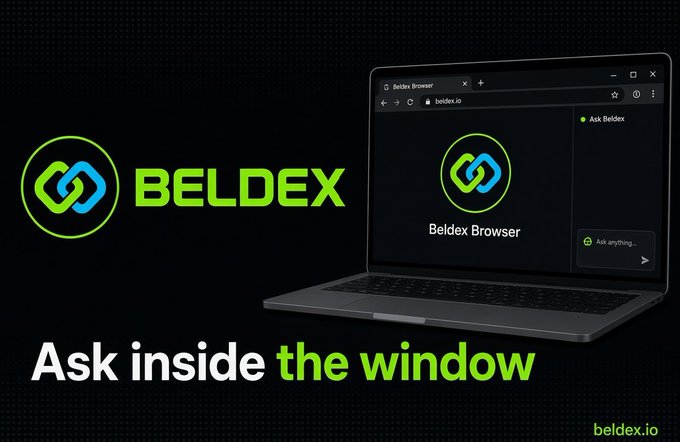 A promotional graphic for the BELDEX cryptocurrency, showing its green logo next to a laptop displaying the 'Beldex Browser' interface, with the tagline 'Ask inside the window' and website 'beldex.io'.