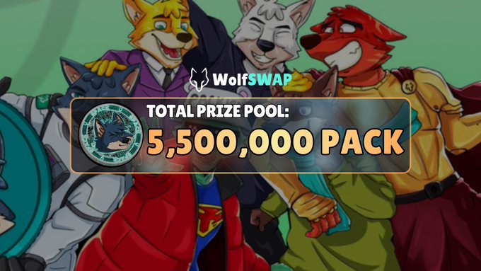 A colorful WolfSwap promotional graphic with anthropomorphic wolf characters advertising a 'TOTAL PRIZE POOL: 5,500,000 PACK'.