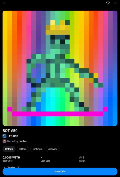A digital art marketplace listing shows a pixelated NFT called "BOT #50" by LPC-BOT, owned by bnolan, with a best offer of 0.0005 WETH and a rarity of #44.