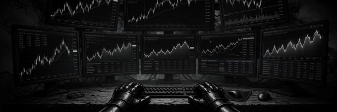 A person wearing black gloves sits at a desk facing a multi-monitor setup displaying various stock charts and trading data in black and white. The image evokes the intense, focused environment of a serious trader learning options trading, reflecting the post's theme of dedicated study using the "insights.derive.xyz/courses" course and insights from other traders. No specific ticker symbols, numbers, or readable text are visible on the screens, as the charts appear stylized and lack clear labels.
