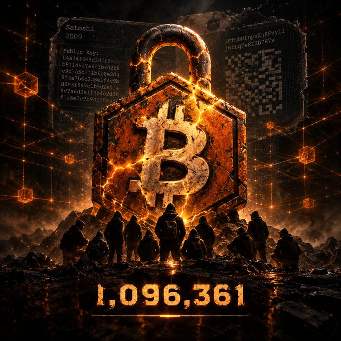 An artistic rendering of a Bitcoin symbol enclosed in a glowing padlock with hooded figures gathered below, featuring the text 'Satoshi 2009' and the number '1,096,361'.