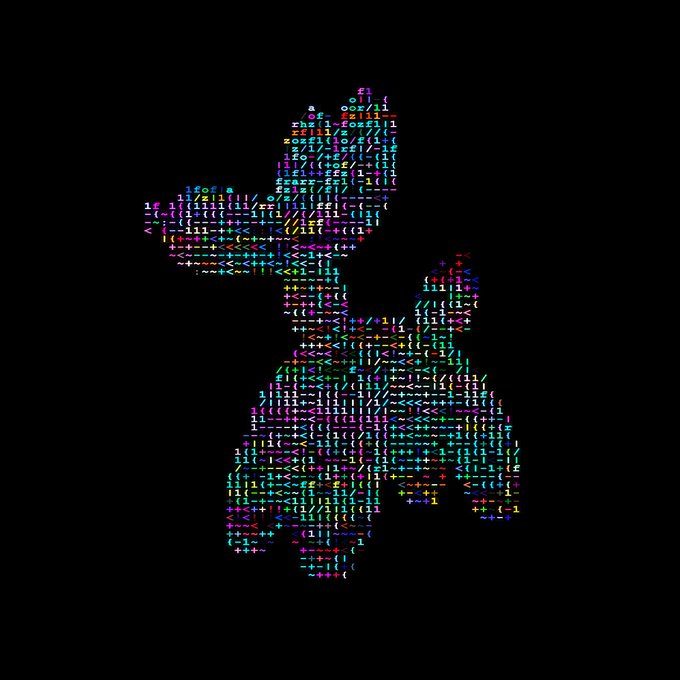 A silhouette of a rabbit-like figure composed of colorful ASCII art characters against a black background.