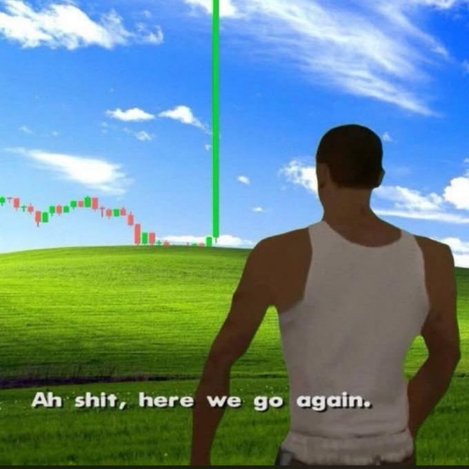 The image shows a classic Windows XP "Bliss" wallpaper with the iconic green hill and blue sky, overlaid with a stock chart showing a dramatic green spike and the caption "Ah shit, here we go again," featuring the silhouette of CJ from GTA San Andreas in the foreground. The meme humorously captures the post's point about Hyperliquid's institutional success coming before retail adoption, suggesting yet another platform about to experience explosive growth similar to past crypto cycles.