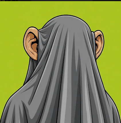 An illustration showing a figure draped in a gray sheet with cartoonish ears poking out from the sides.