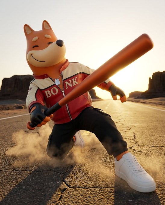 A cartoon Shiba Inu mascot in a red "BONK" letterman jacket swings a baseball bat on a desert road, kicking up dust as the sun sets—fittingly channeling the post's ultimatum, since the only "IN" option is getting BONK'd.
