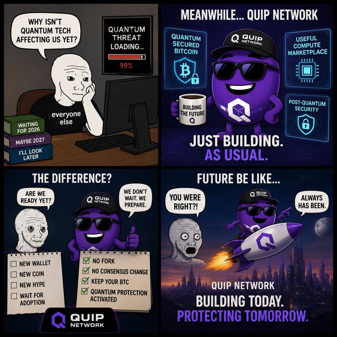 A four-panel comic for QuIP Network contrasting competitors waiting for quantum threats with QuIP's proactive quantum-secured Bitcoin and post-quantum security solutions.