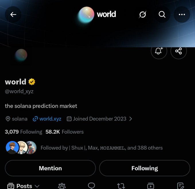 A Twitter/X profile page for "world" (@world_xyz), described as "the solana prediction market," showing 58.2K followers, 3,079 following, and a "Following" button that users must have received to become eligible for the upcoming September 9 airdrop.