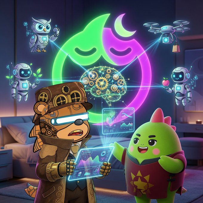 A steampunk-styled bear and a green dinosaur character collaborate over glowing data dashboards and a neon brain emblem, surrounded by floating AI agents including a robot, owl, and drone—all illustrating the post's theme of Sleepagotchi's four AI sleep coaches analyzing sleep patterns. The whimsical tech scene visually reinforces the message that the app uses a team of AI agents to provide deeper sleep insights beyond a simple score.