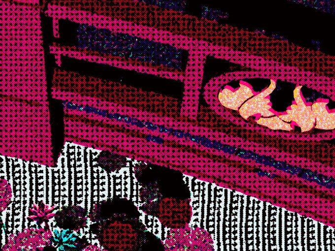 A highly stylized, halftone-patterned digital illustration in vibrant magenta, black, white, and yellow tones depicting a character holding a rectangular object.