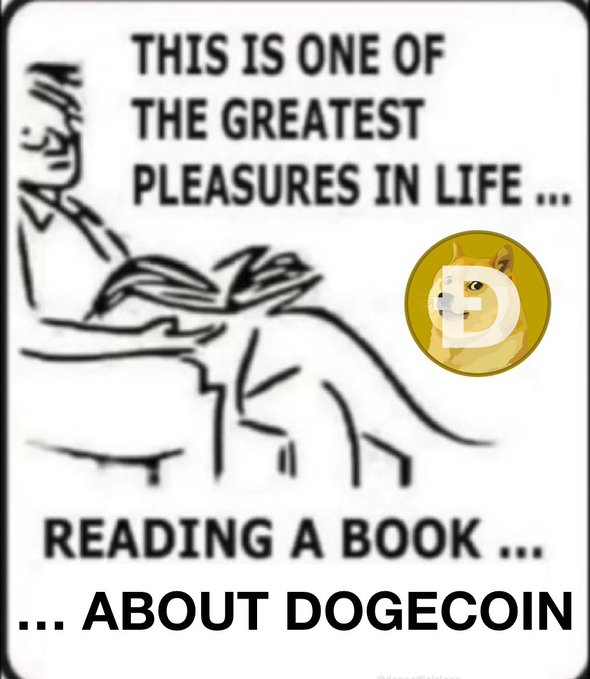 A black-and-white meme illustration shows a person reclining comfortably while reading, with text reading "THIS IS ONE OF THE GREATEST PLEASURES IN LIFE... READING A BOOK... ... ABOUT DOGECOIN." A Dogecoin logo featuring the Shiba Inu mascot with a "D" symbol is overlaid on the image.