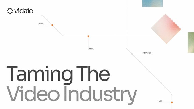 A presentation slide titled 'Taming The Video Industry' with the 'vidaio' logo, featuring a timeline graphic with markers like '500T', '2047', and 'YEAR 2026'.
