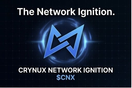 The image displays a promotional graphic for "The Network Ignition" event, featuring a stylized blue geometric logo against a glowing dark background, with text reading "CRYNUX NETWORK IGNITION" and the ticker "$CNX" below. The graphic visually reinforces the post's message about democratizing decentralized AI computing power through the Crynux network.