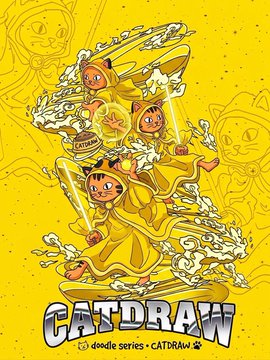 The image features a poster with a yellow background that displays the text "CatDraw" along with an illustration of three cats dressed up as characters from a comic book series, wearing costumes and holding objects like a sword or a shield. The poster also includes a caption about a contest for drawing, which seems to be related to the content on the image.